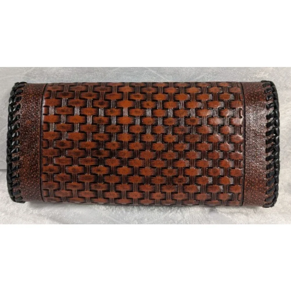 Vintage Tooled Leather Wallet Island Chick Basketweave Western Snap USA